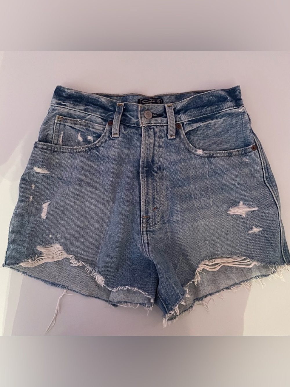 Abercrombie & Fitch Distressed Light Blue High-Rise Denim Shorts